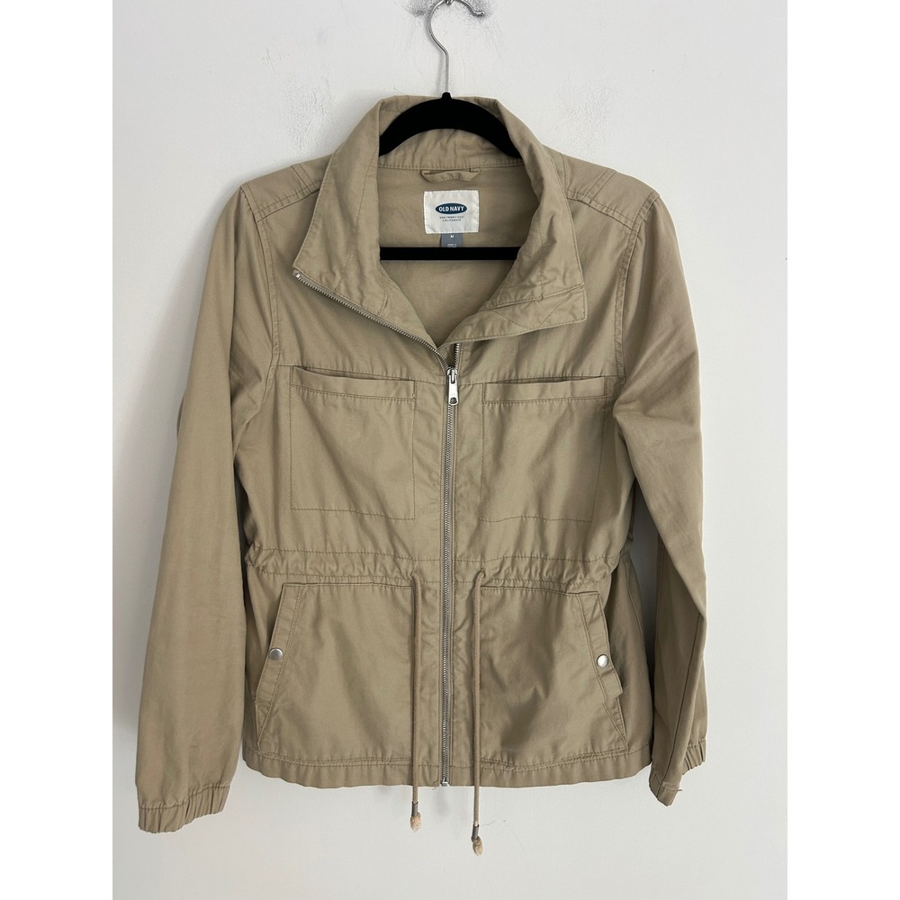 Old Navy Womens Tan Khaki Cotton Utility Field Jacket Zip Up Drawstring Waist M